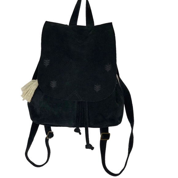 TOMS Black Suede‎ Embroidered Poet Flap Backpack Bag - Picture 1 of 15